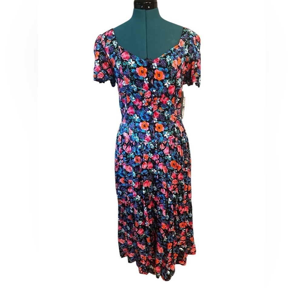 Vtg 1990's Shelly Michaels Size 13/14 Floral Button Front Dress Short Sleeve